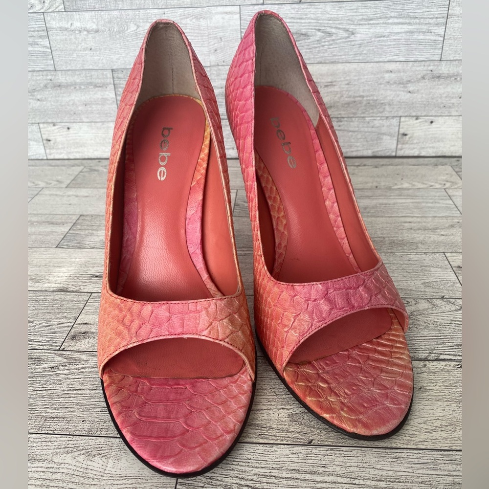Retro 90s Bebe High Heels Open Toe Pink Snake Skin Pumps Chrome 4” Heel Size 9M‎